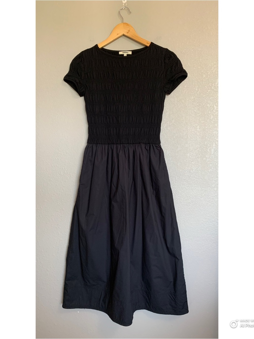 Madewell XXS Black Smocked Boatneck Midi Dress NWT Short Sleeve Cotton Dress - Picture 3 of 17